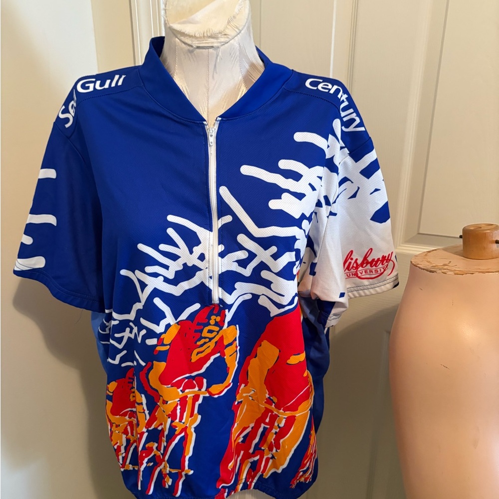 Revi men’s X/large Blue and White Cycling Jersey with Red and Orange Accents
